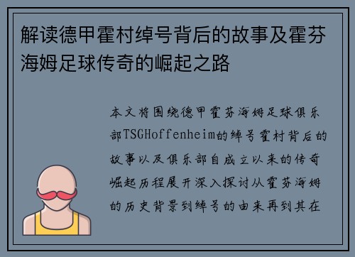 解读德甲霍村绰号背后的故事及霍芬海姆足球传奇的崛起之路