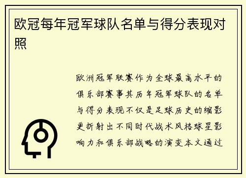 欧冠每年冠军球队名单与得分表现对照