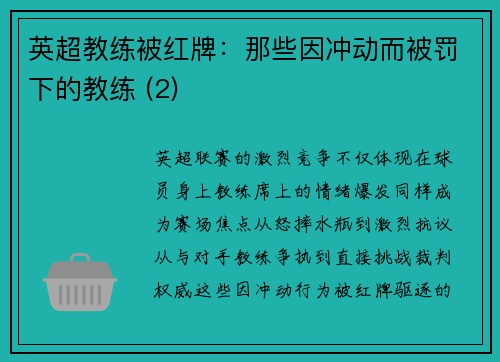 英超教练被红牌：那些因冲动而被罚下的教练 (2)