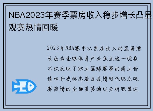 NBA2023年赛季票房收入稳步增长凸显观赛热情回暖